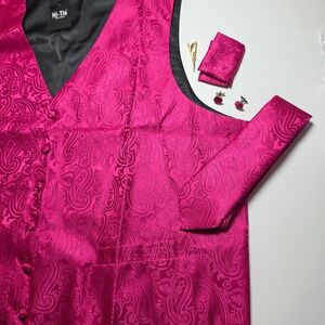 Hi-Tie Mens XXXL Pink Paisley Vest Set Silk Blend Pocket Square Cufflinks Tie